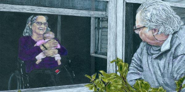 A woman in a wheelchair holds a baby, smiling through a window, while another person looks on from outside. Green leaves are visible in the foreground.